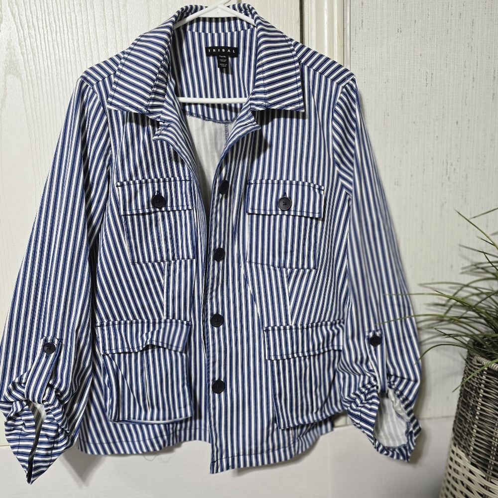 Tribal XL Striped Blue & White Button-Up Jacket, Cuffed Sleeve, Two Front Pocket - Picture 2 of 11